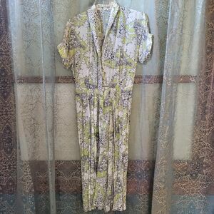 Vtg 1950s lemon floral silk shirt dress w/ shawl collar and pleated skirt midi